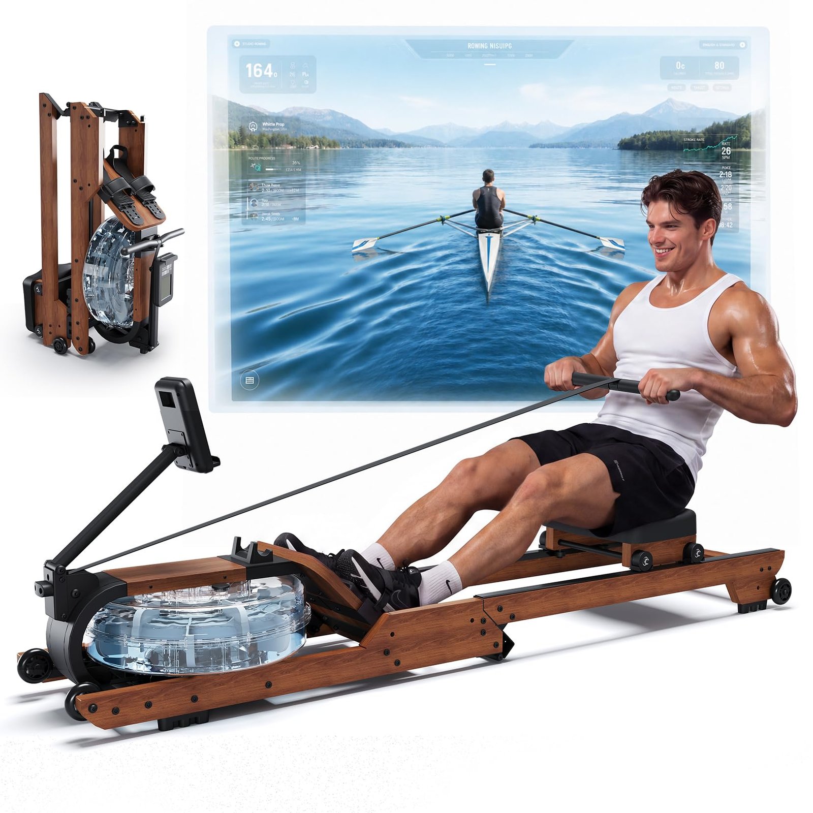 713yg9itNyL Dripex 14L Wooden Water Rower 12-Blade 150kg Bluetooth Tablet Foldable Gym - Image 1