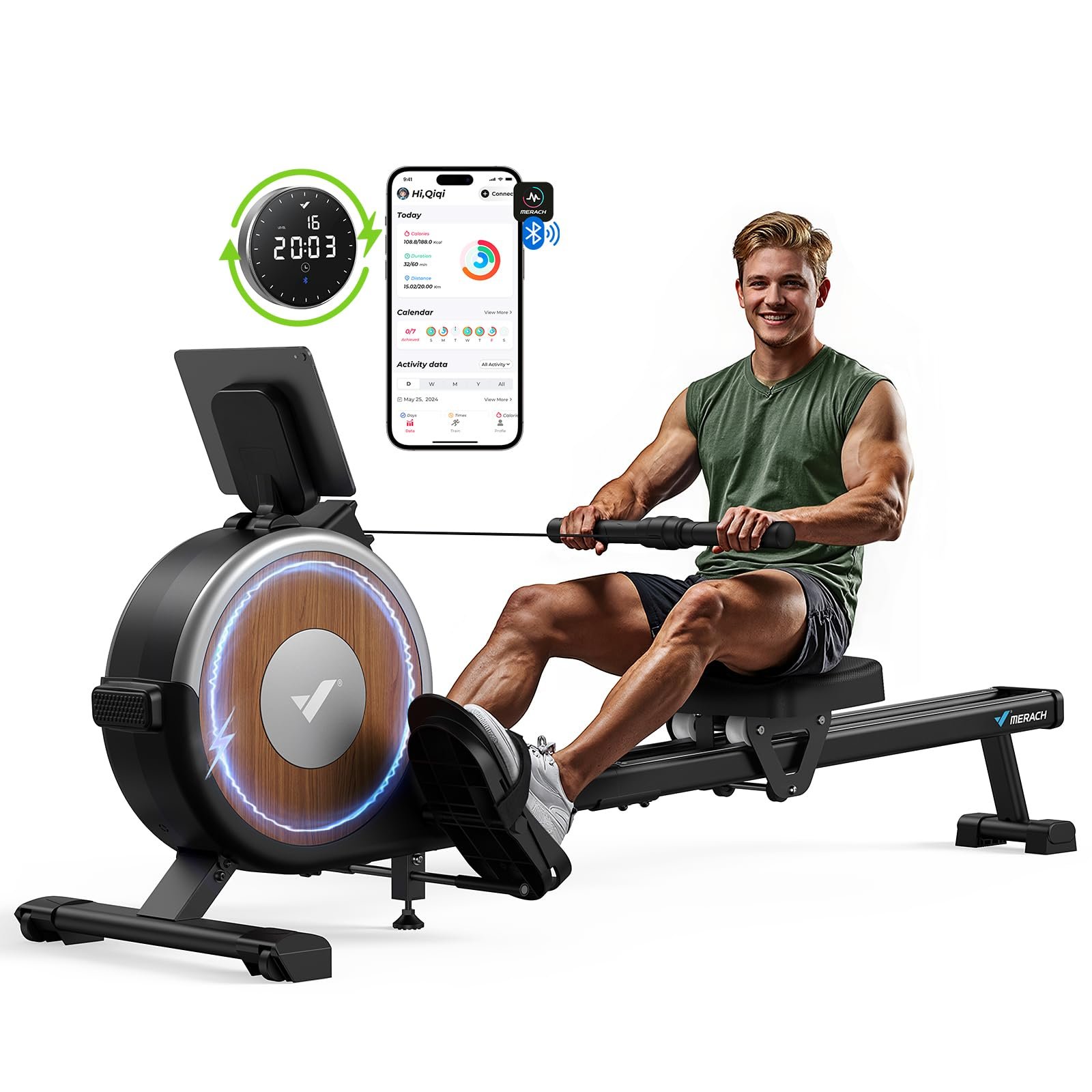 71Qk96JF1vL MERACH Magnetic Rowing Machine, 16 Resistance Levels, Dual Rails, App Compatible, 158 kg Capacity - Image 1