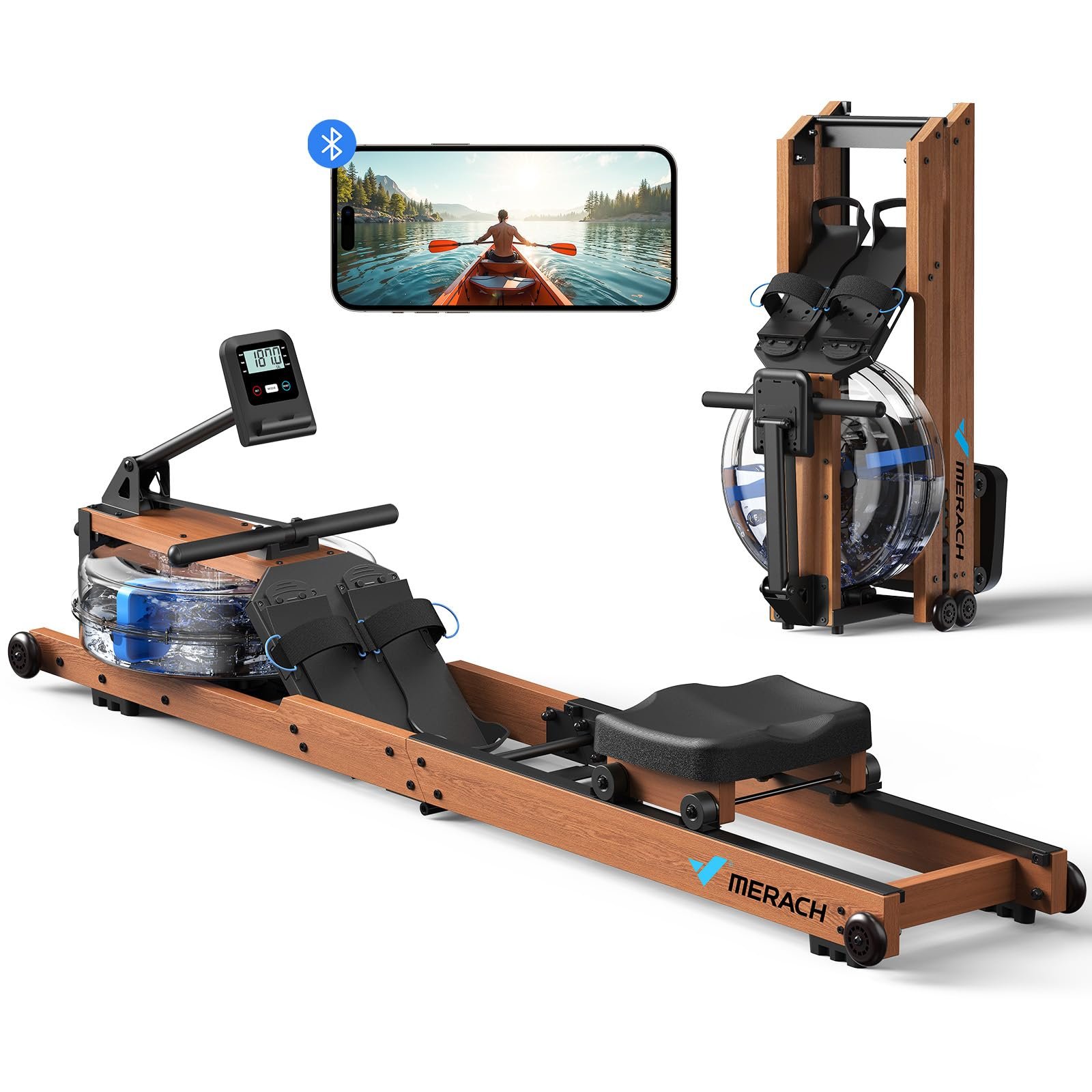 71kJd196-tL MERACH Foldable Wood Rowing Machine, Water Resistance, Monitor, App, 180 kg Capacity - Image 1