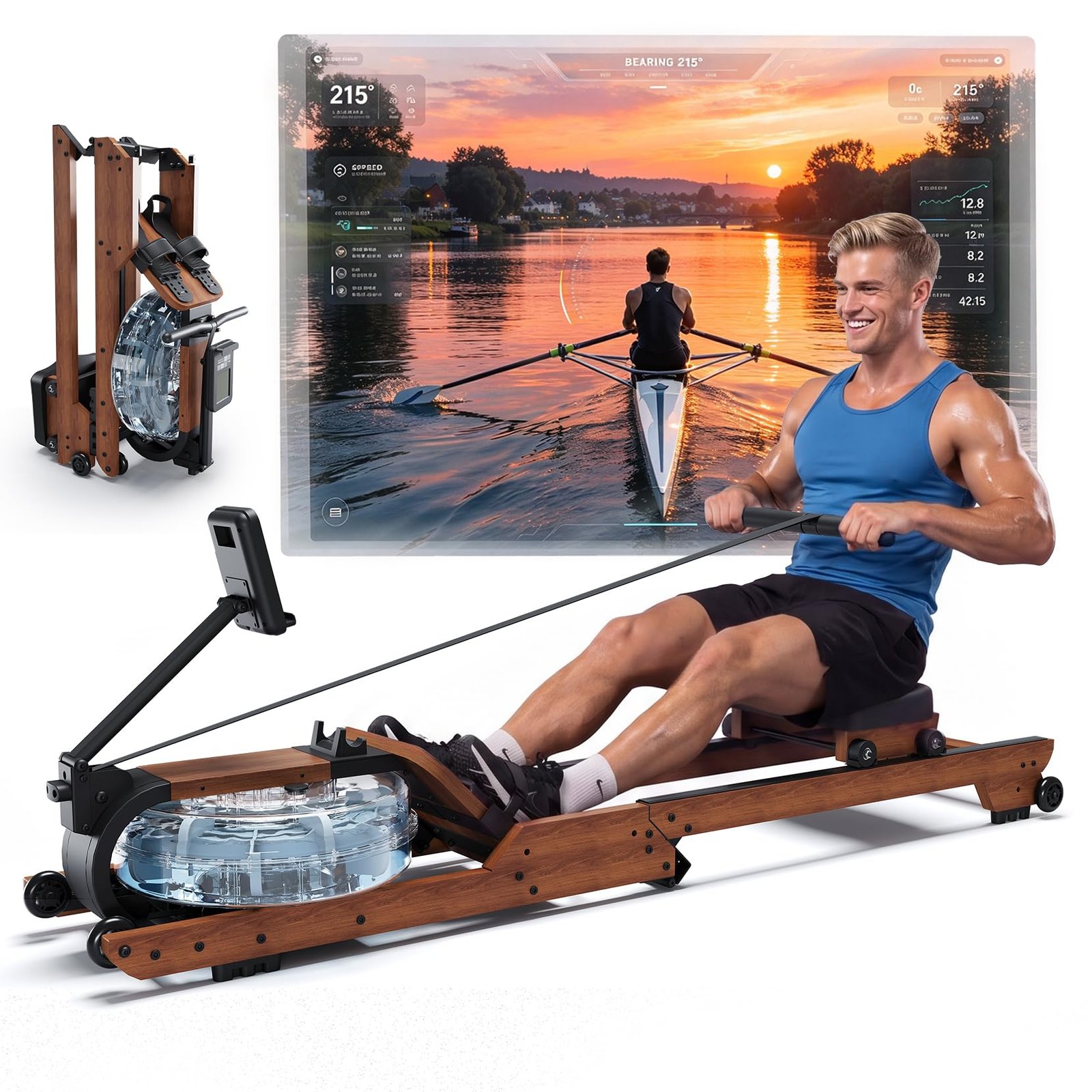 81K-14c5lpL Dripex 14L Water Rower 12-Blade 150kg Wooden Bluetooth Holder Foldable Home - Image 1